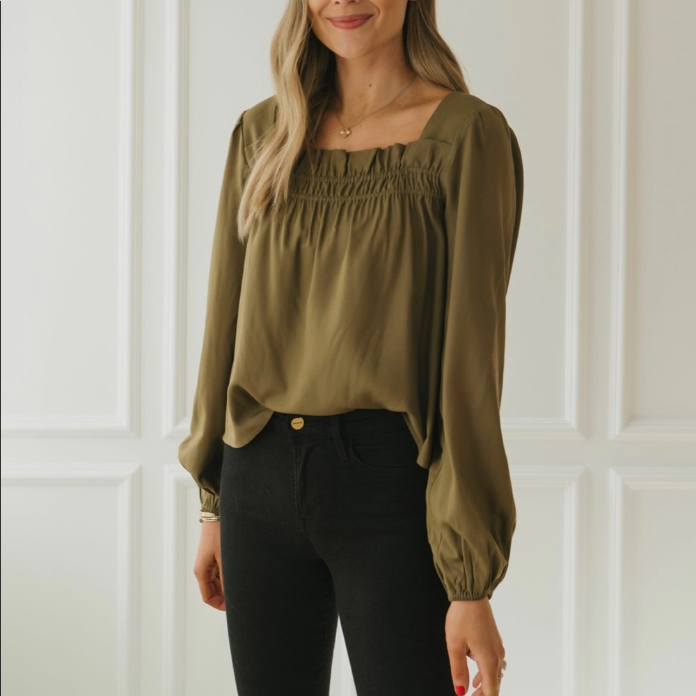 Olive Green Ruffle Neck Blouse Fashion Jackson Square Neck Small NWOT